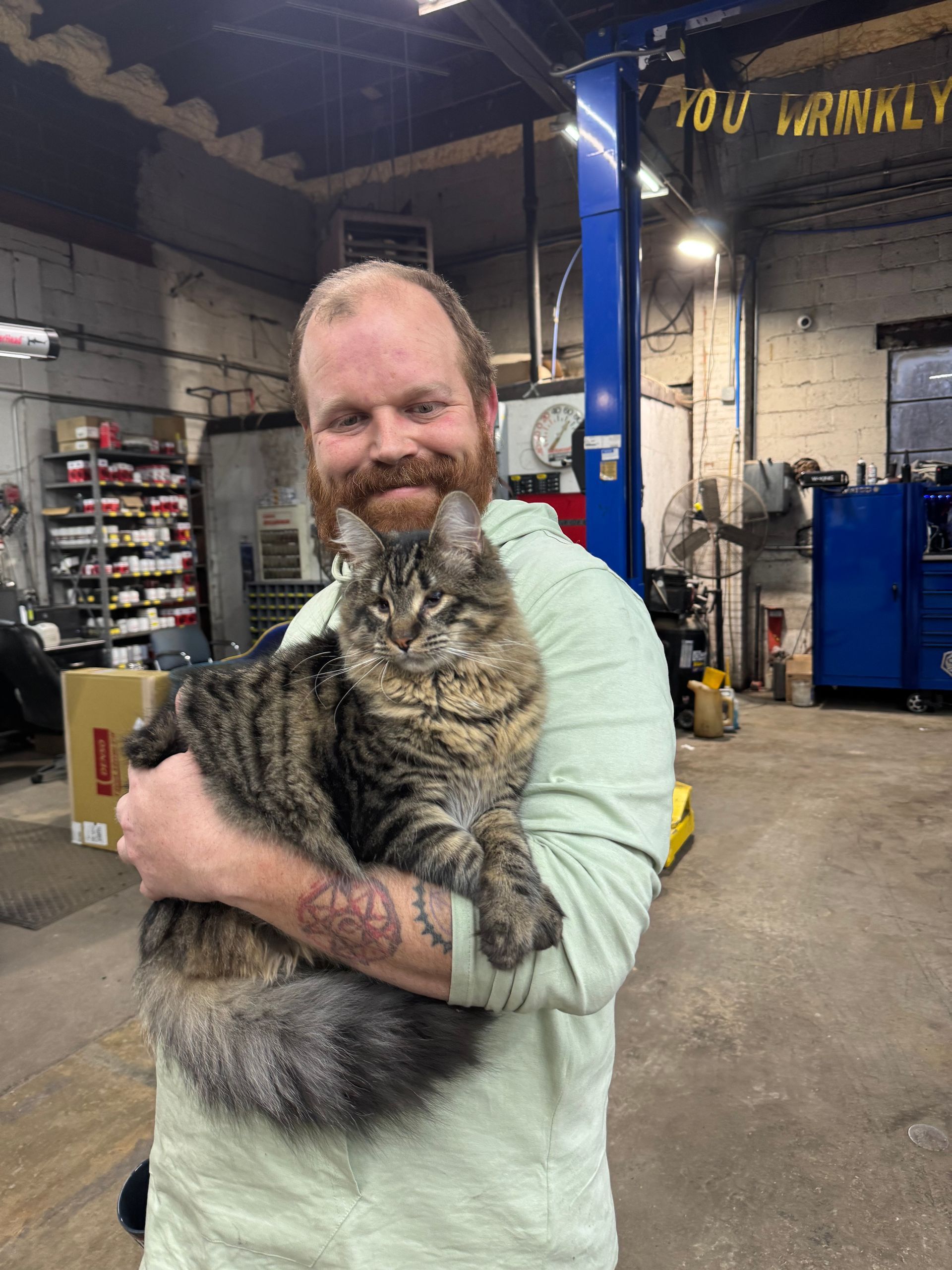 Man holding a large tabby cat in a garage. The man smiles and the cat is calm.