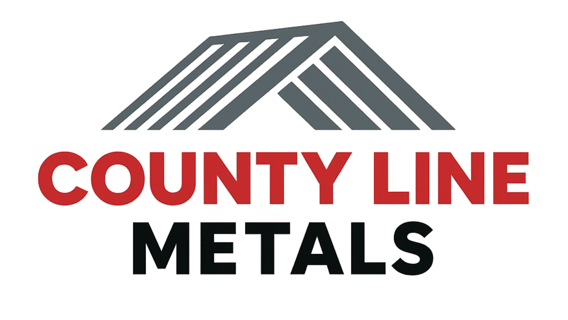 County Line Metals logo with gray roof lines above red and black text