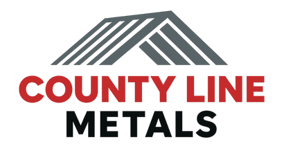 County Line Metals logo with gray roof lines above red and black text