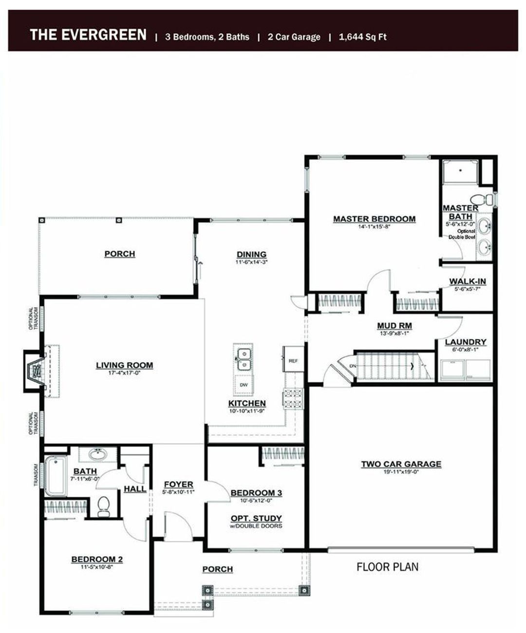 A black and white floor plan of a house called The Evergreen