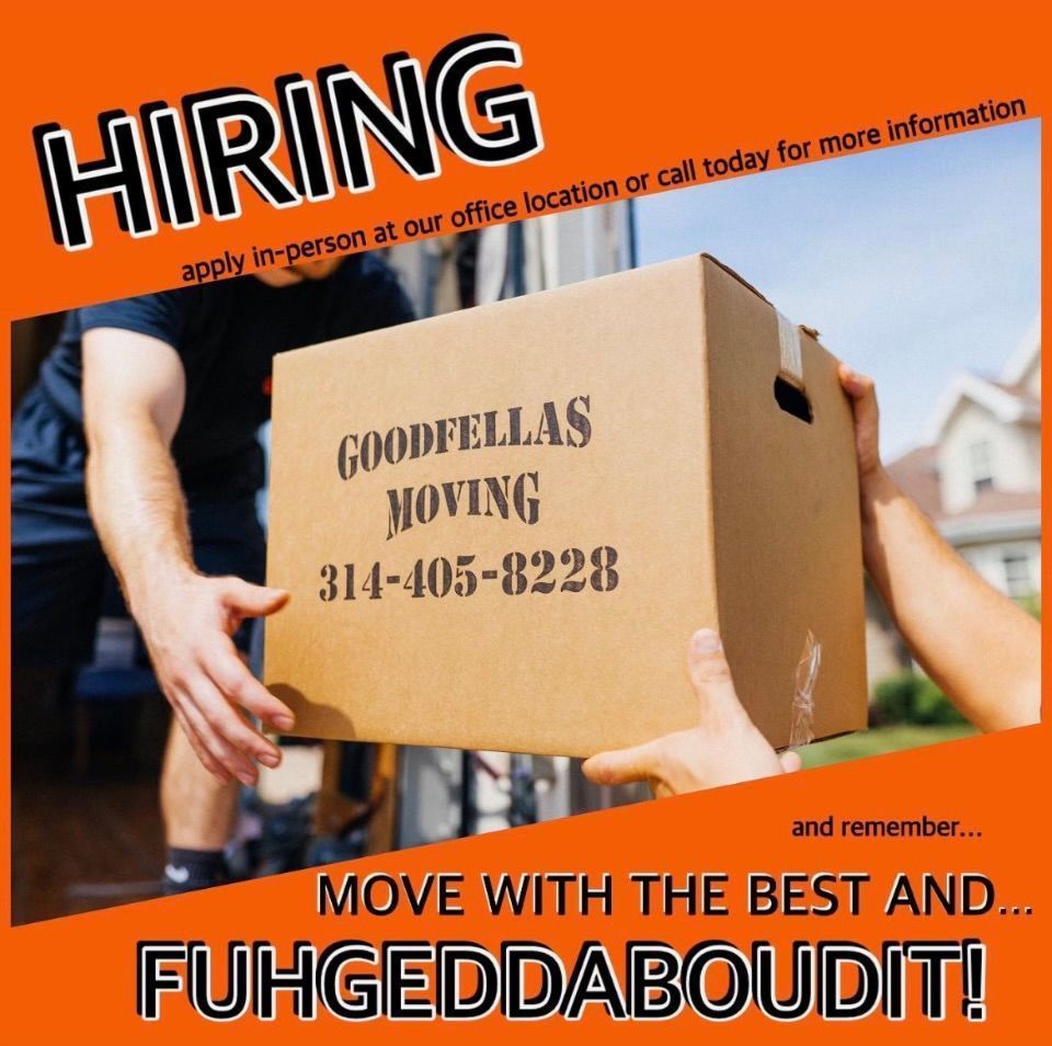 Hiring ad for Goodfellas Moving: hands carrying a box, orange background, “Move with the best” slogan.