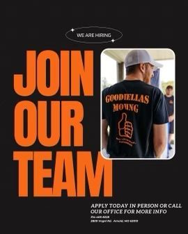 Hiring poster: bold orange “JOIN OUR TEAM” beside a worker in a black “Goodfellas” shirt.