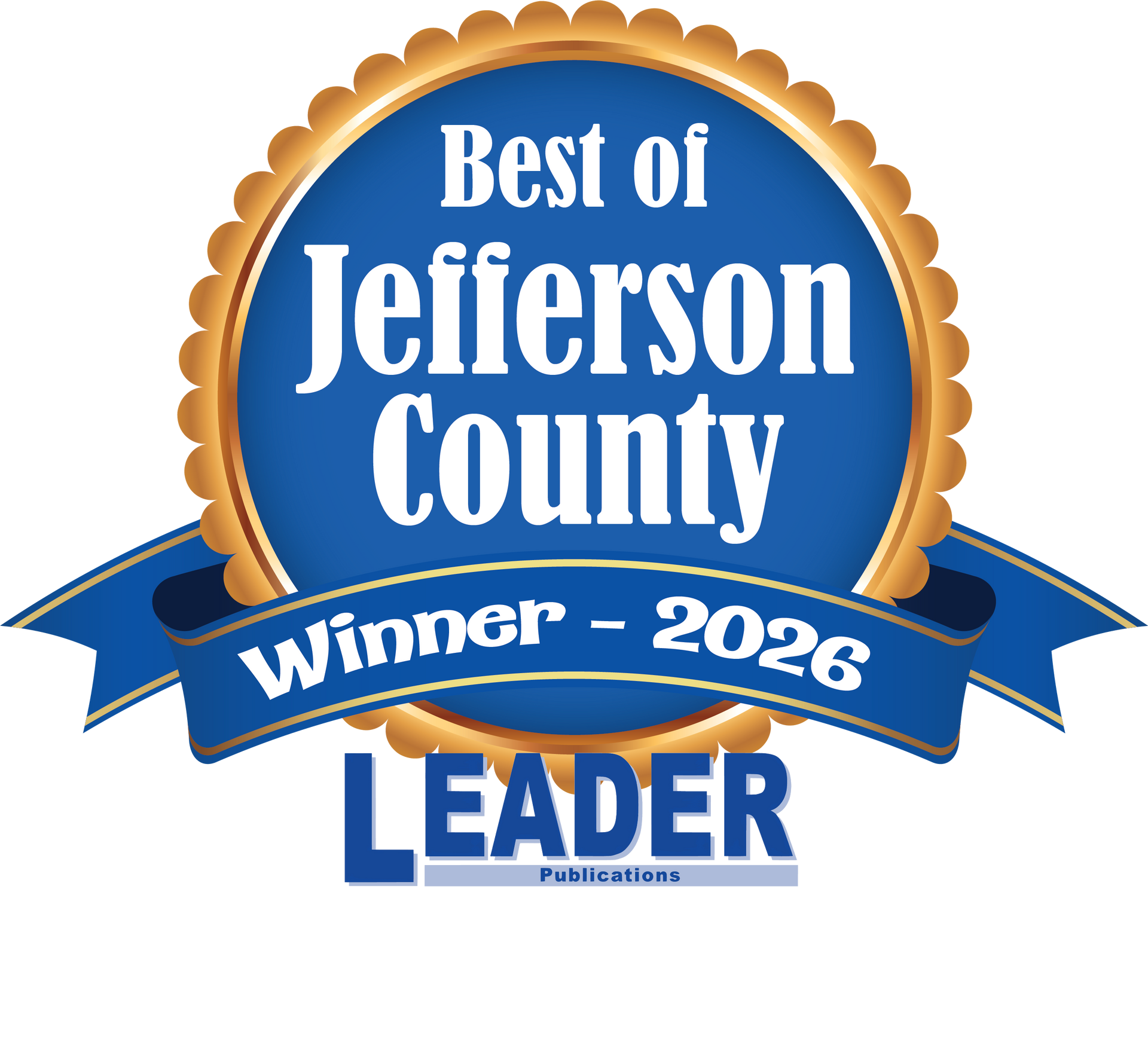 Best of Jefferson County Winner 2026 logo in blue and gold with LEADER branding