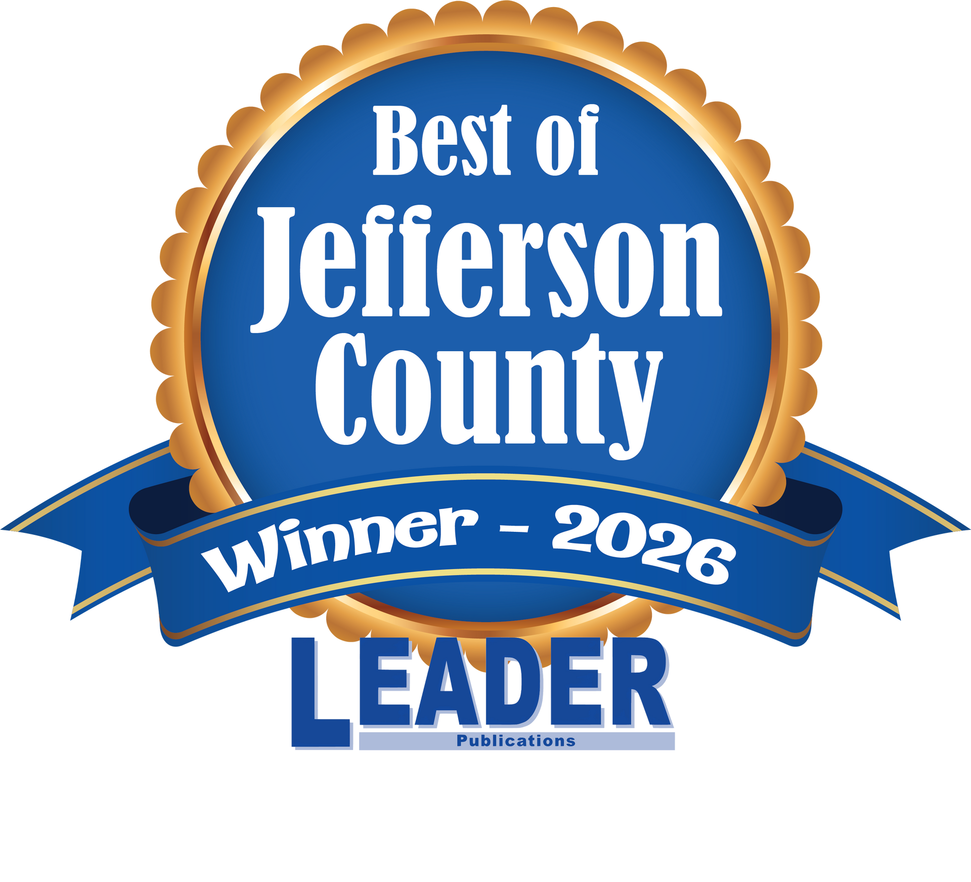 Best of Jefferson County 2026 winner badge with blue and gold ribbon, LEADER logo