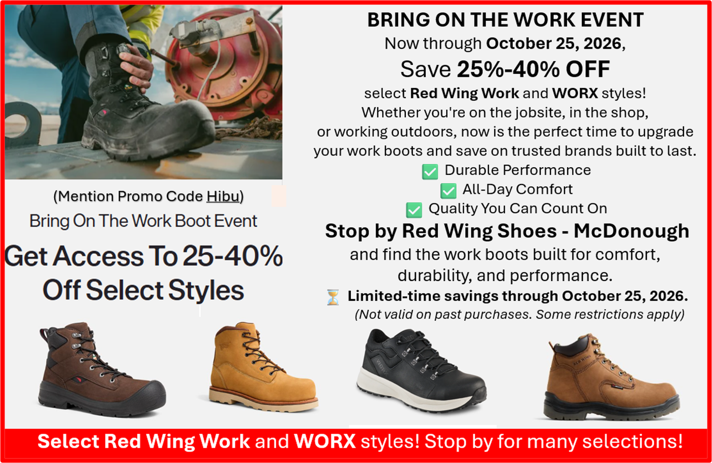Red Wing work boots sale ad with 25–40% off, May 22–26, at McDonough and other stores
