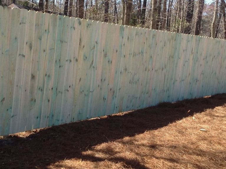 Green wooden privacy fence in a grassy area, trees in the background, casting a long shadow.