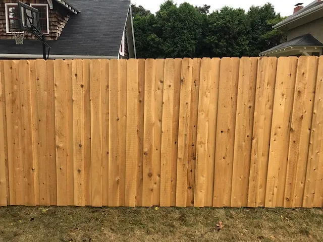 Wooden privacy fence in a yard, trees and houses in the background.