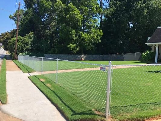 Chain-link fence borders a grassy lawn along a sidewalk next to a road, trees in the background.