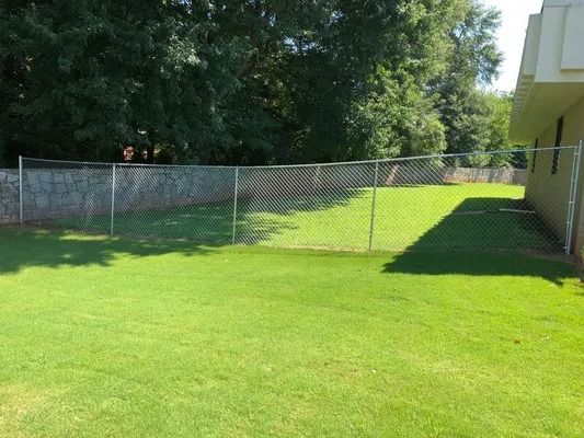 Green backyard with a chain-link fence, trees in the background, and a building on the right.