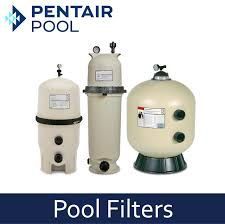 Three beige Pentair pool filters on a white background, labeled 