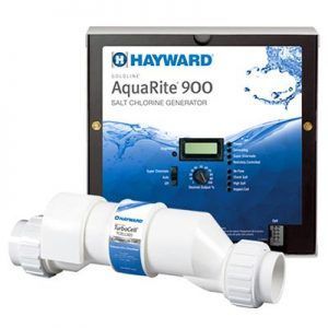 Hayward AquaRite 900 salt chlorine generator system. White and blue components, digital display.