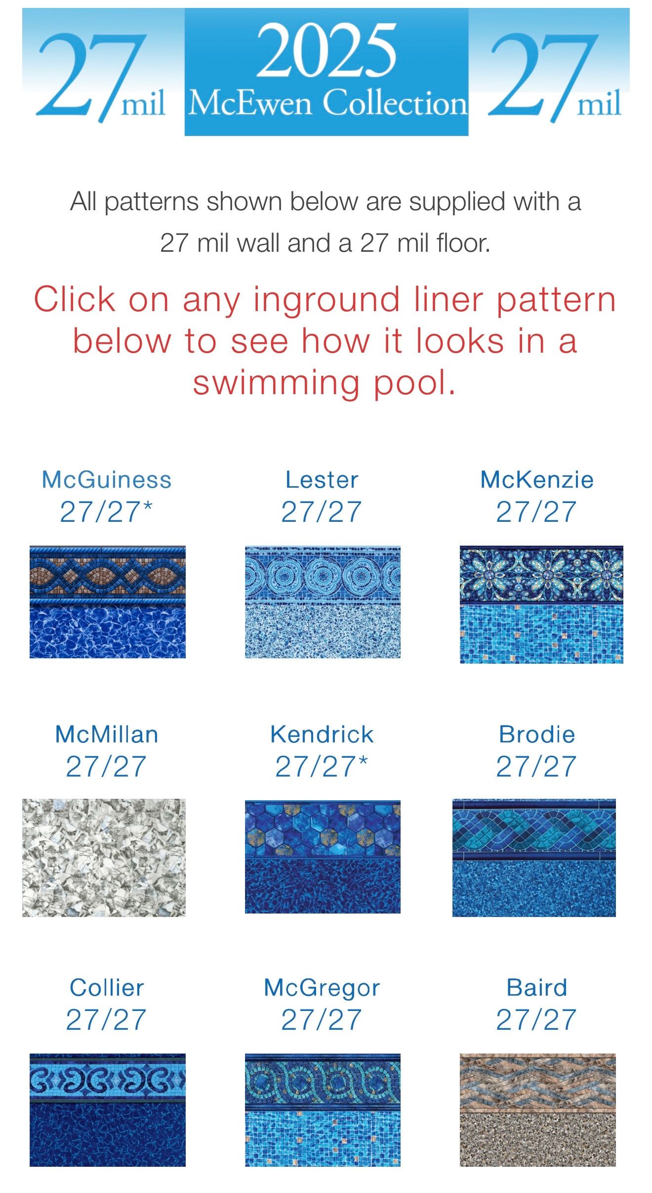 Brochure for 2025 McQueen Collection, featuring nine ground liner patterns for swimming pools.