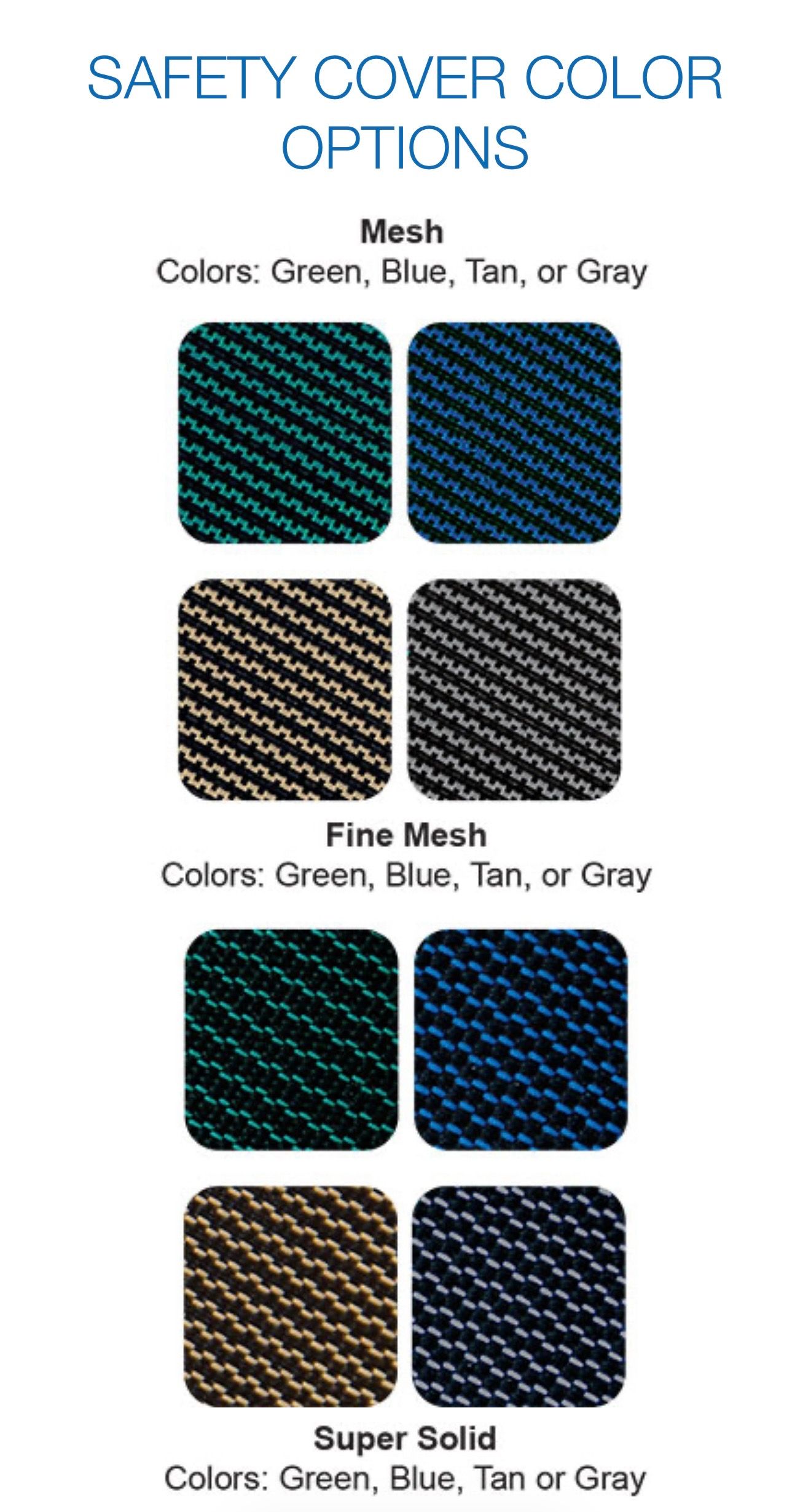 Color swatches for pool safety covers: Mesh and Fine Mesh in green, blue, tan, and gray.