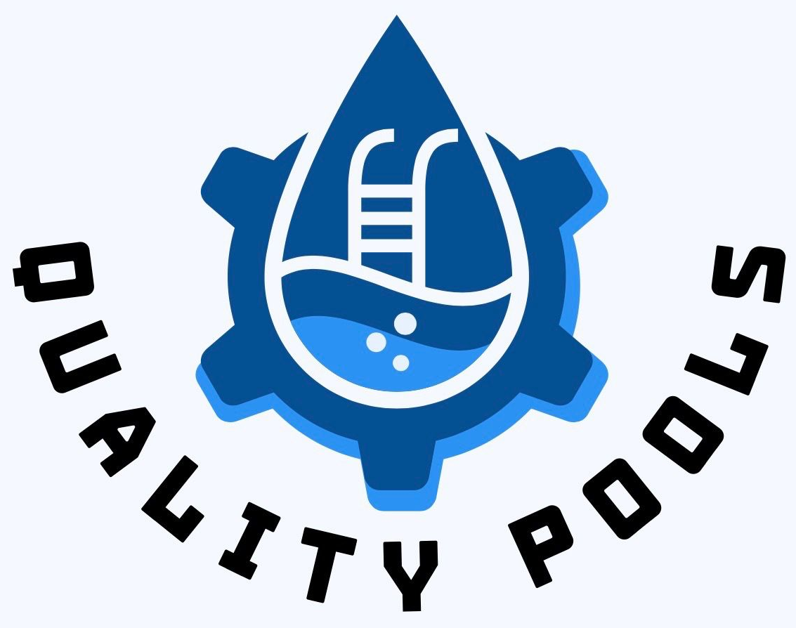 Logo: Blue gear with a water droplet containing a pool. Text: Quality Pools.