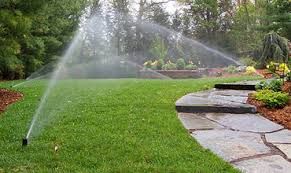 Sprinklers watering a lush green lawn in a backyard, near a stone pathway and flowerbeds.
