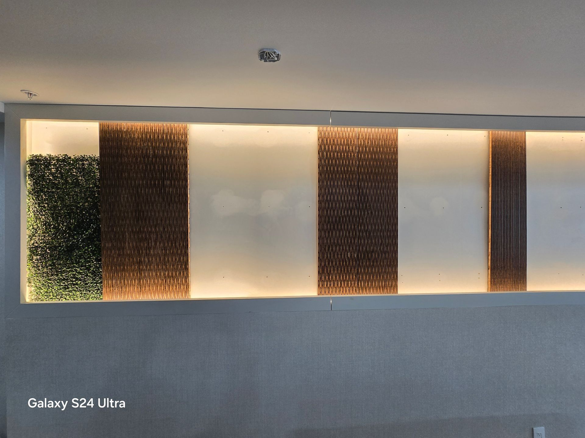 Modern lobby wall with illuminated recessed shelves holding plants and decorative panels