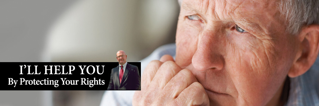 An older man with his hand on his chin and a sign that says i 'll help you protecting your rights