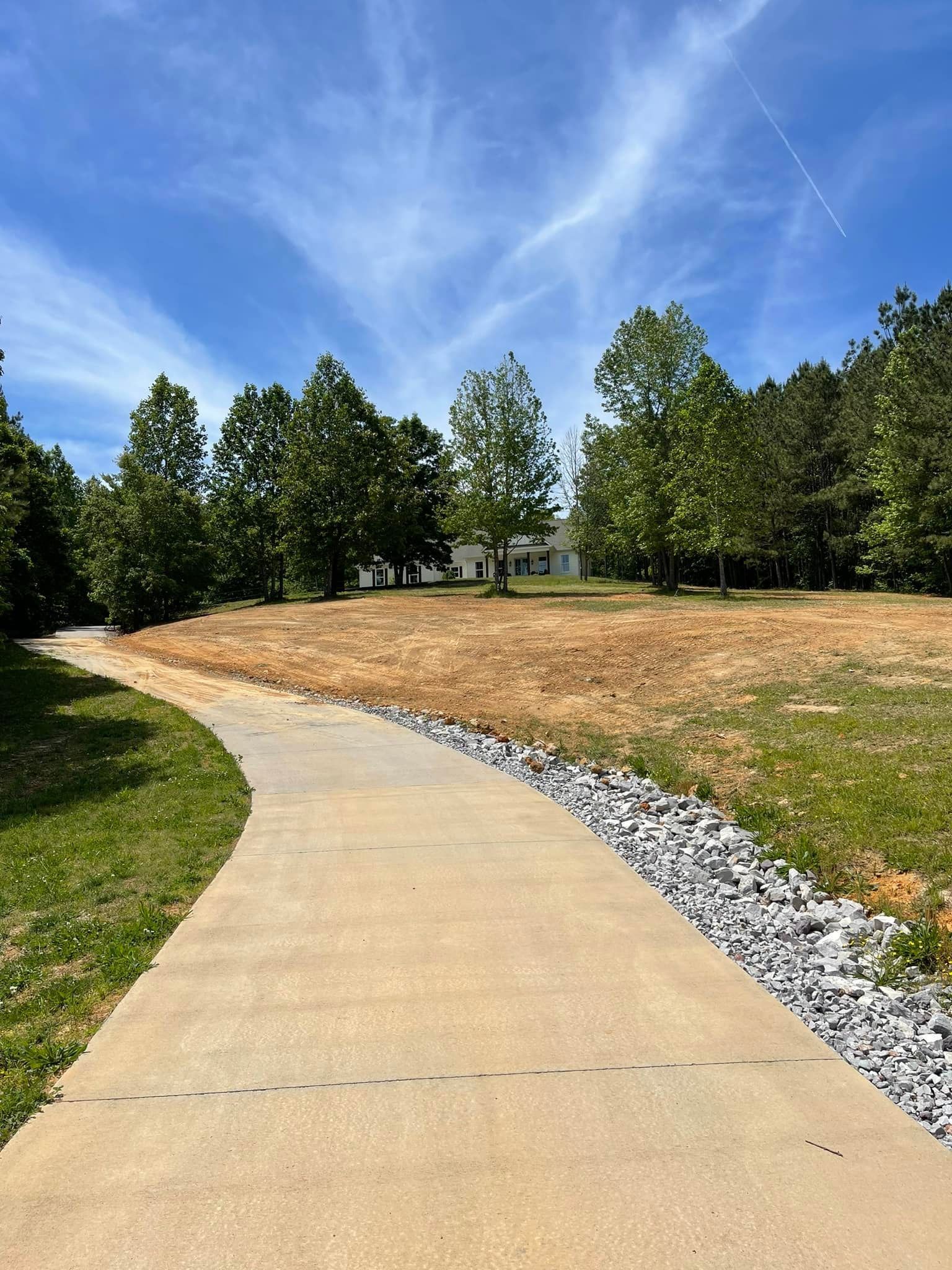A concrete walkway going through a grassy field with trees on both sides.