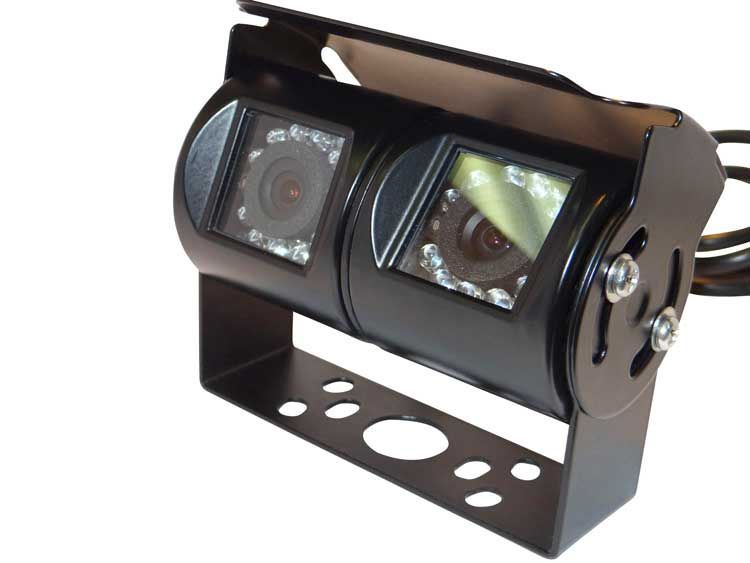 Dual-lens black backup camera with LED lights, mounted on a bracket, likely for a vehicle.