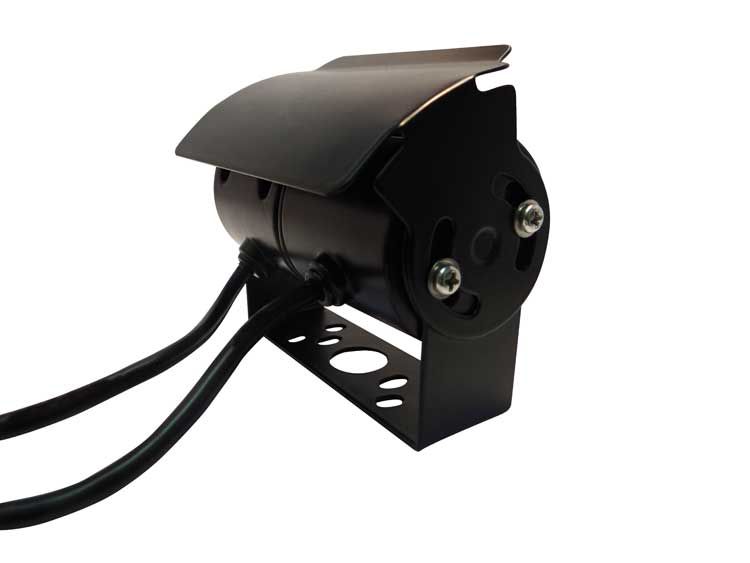 Black backup camera with a sun visor, bracket, and two wires extending out.