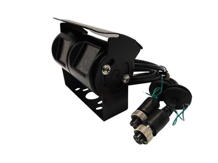 Black dual-lens camera with bracket and cables, likely for vehicle use.