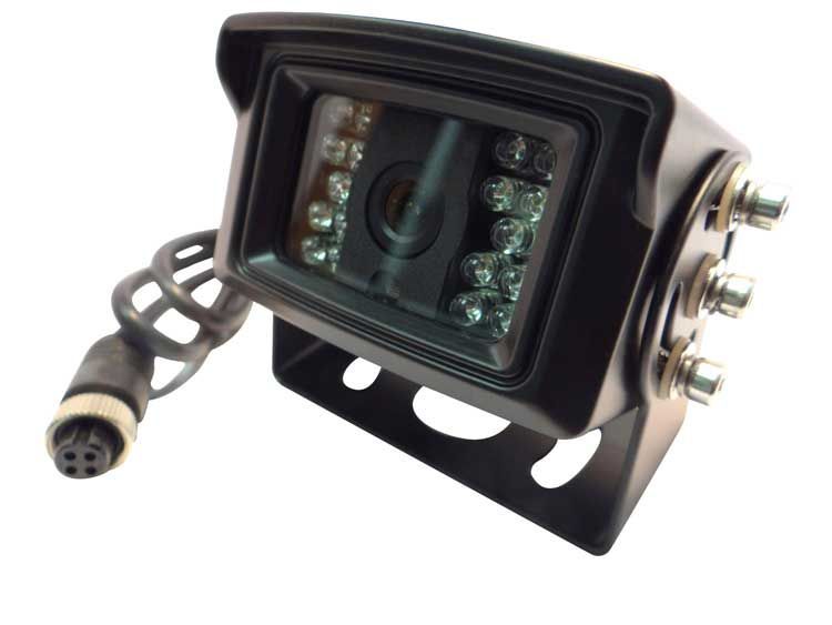 Black, rectangular backup camera with infrared LEDs, mounted on a bracket, with a cable and connector.
