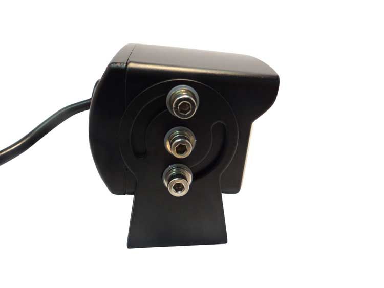 Black backup camera with three silver mounting bolts.