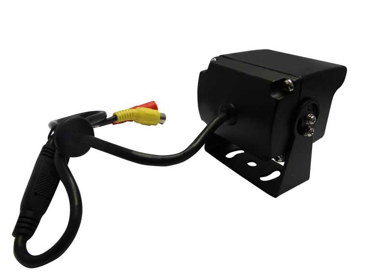 Black backup camera with yellow, red, and black connectors, mounted on a black bracket.