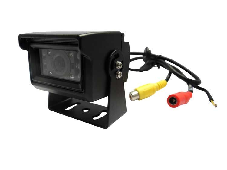 Black rectangular backup camera with attached cables and bracket.