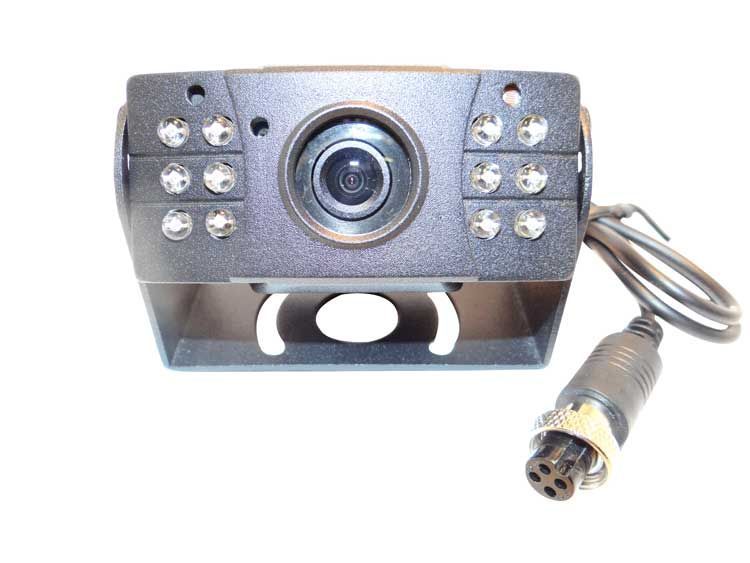 Backup camera with infrared lights and a male connector, ready for installation.