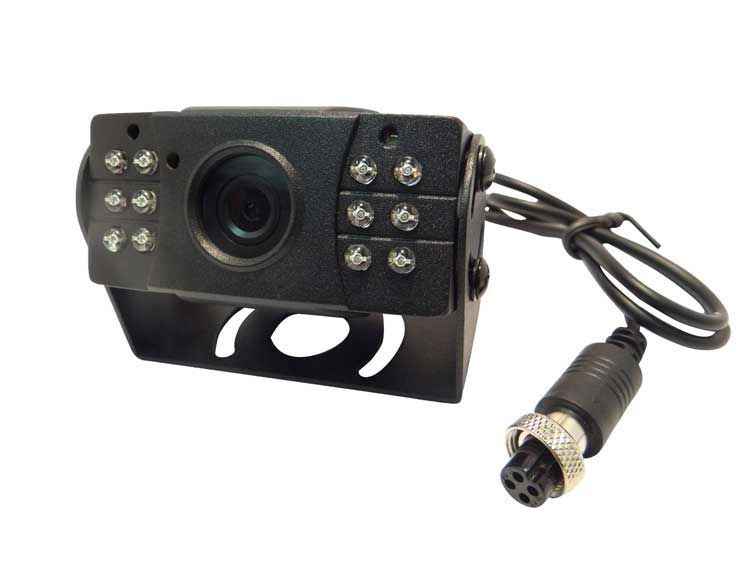 Black backup camera with infrared LEDs, mounted on a bracket, with a cable and connector.