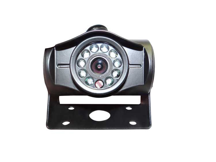 Black rear-view camera with infrared LEDs, mounted on a metal bracket.