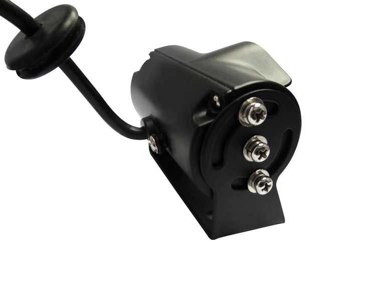 Black backup camera with three screws, connected to a black cable.