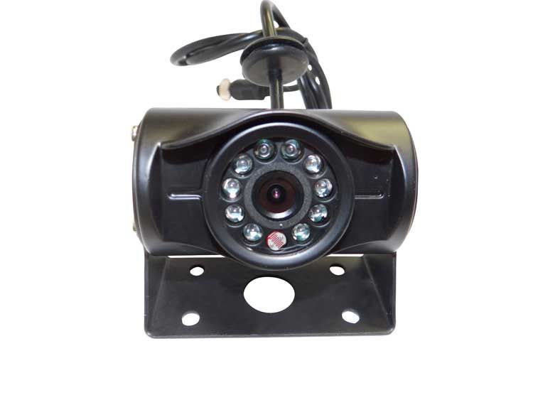 Black rearview camera with infrared lights, attached to a metal bracket.