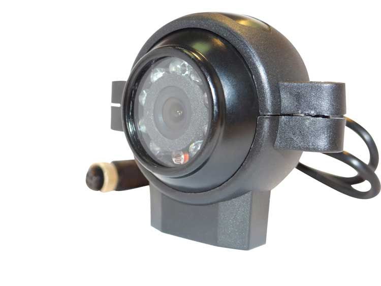 Black backup camera with infrared LEDs, mounted with a cable and connector.