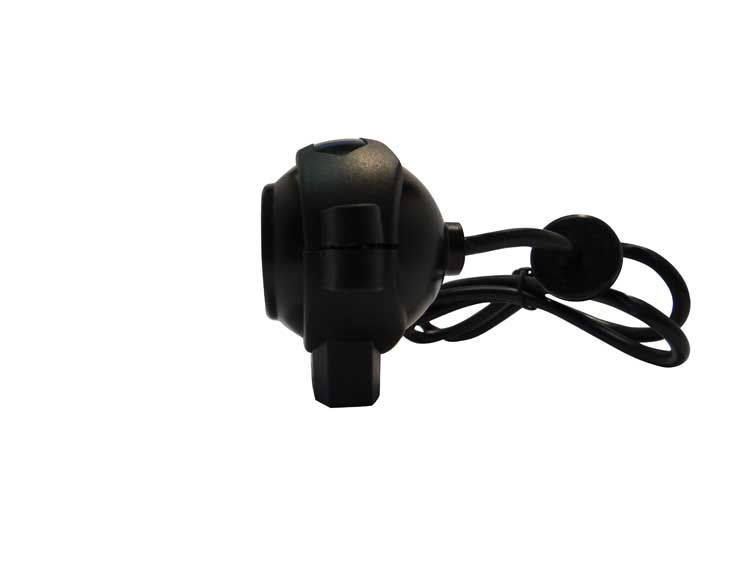 Black, compact camera with a black elastic strap, isolated on white.