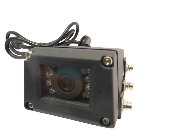 Black, rectangular security camera with infrared lights, cable, and connectors.