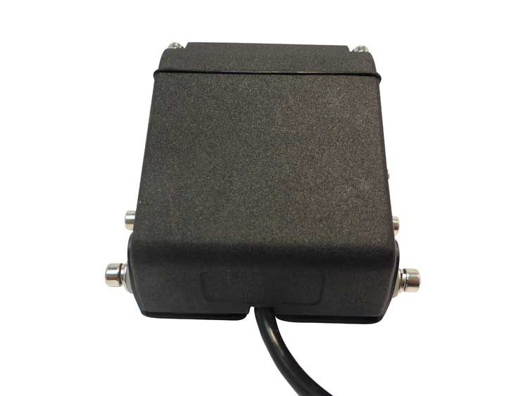 Black square LED light with cable and two silver connectors.