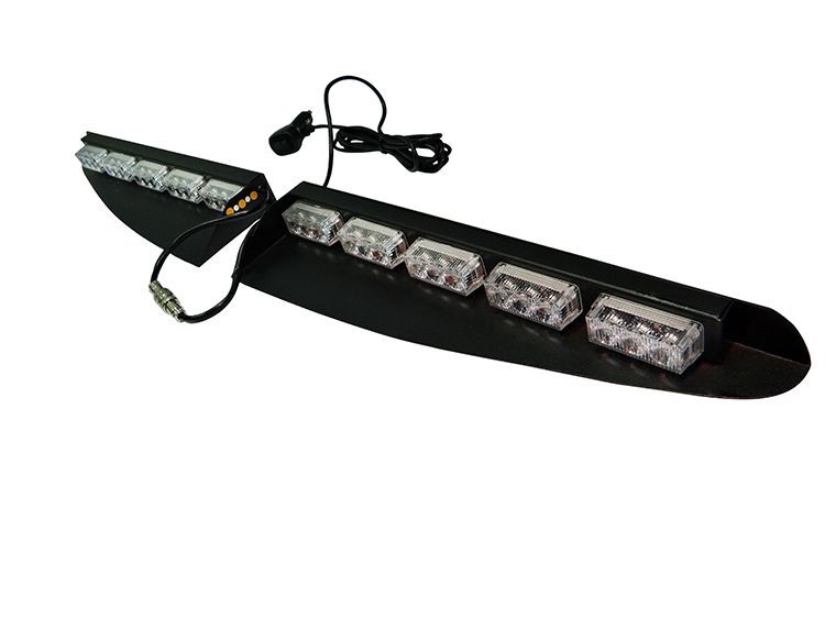 Black LED emergency light bar, with two sections, on a white background.