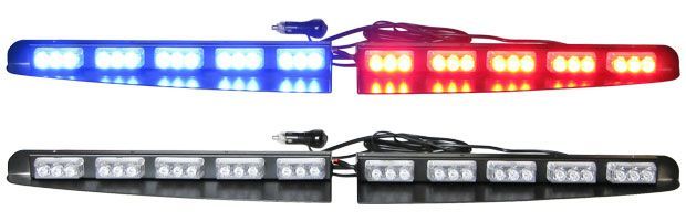 Emergency vehicle LED light bar, blue and red lights, black housing.
