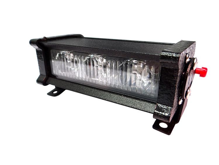 Black LED light bar with red switch, metal housing, and mounting brackets.