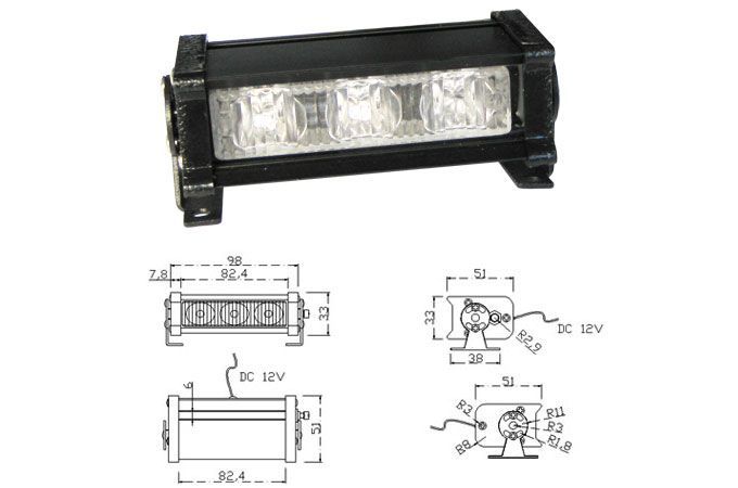 Black rectangular LED light with dimensions and wiring diagram.