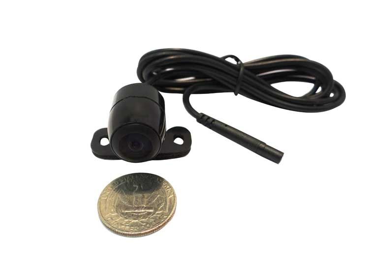 Black rearview camera with cable, next to a coin for size reference.