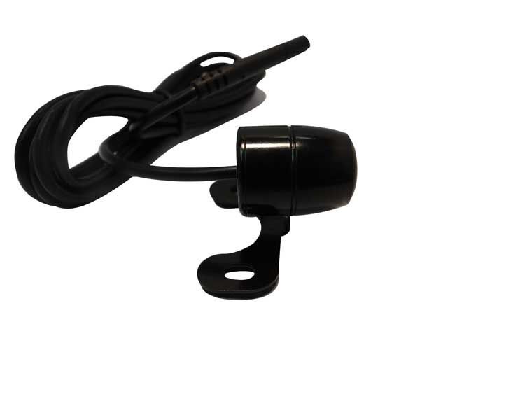 Black, round backup camera with bracket, long black cable.