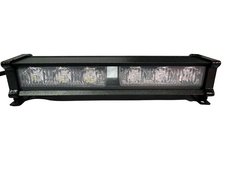 Black emergency vehicle light bar with white LED lights.