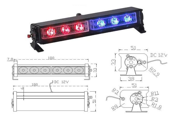 Emergency vehicle LED light bar showing red/blue flashing lights, with dimensions and mounting details.