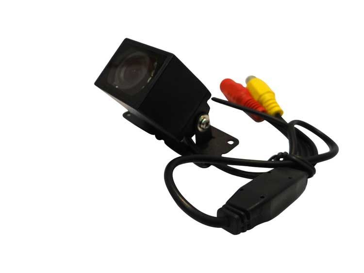 Black car backup camera with three color-coded cables.