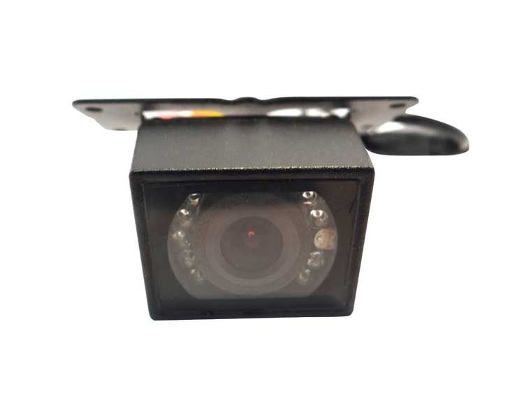 Black, rectangular rearview camera with surrounding LED lights; attached to a metal bracket.