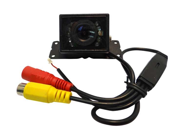Backup camera with yellow, red, and black cables and a mounting bracket.
