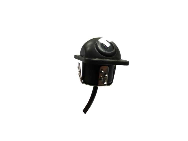 Black vehicle backup camera, round lens, small rectangular base with wire.